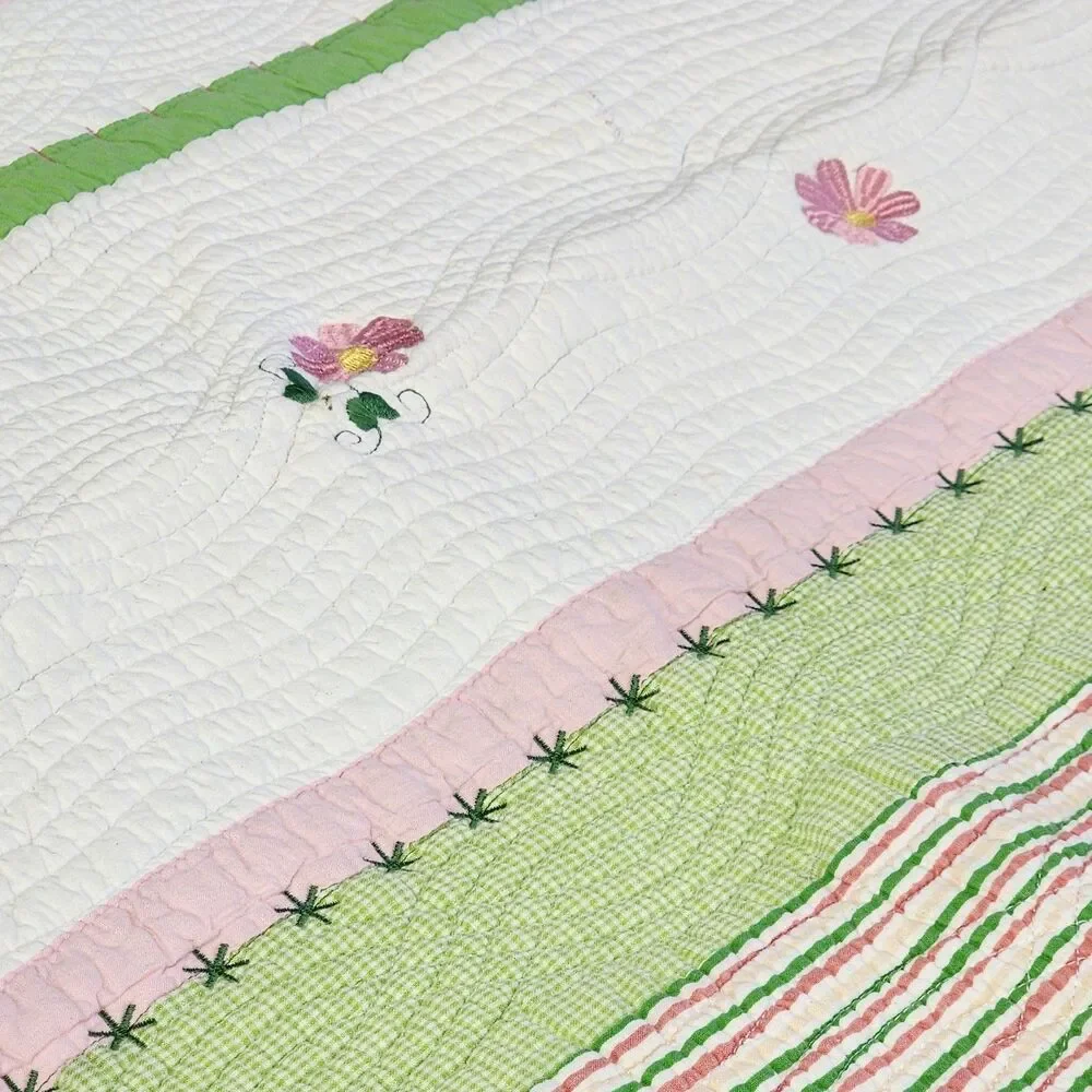 Lime Green Pink Floral Twin Size Quilt 100% Cotton Bedspread Striped Embroidered